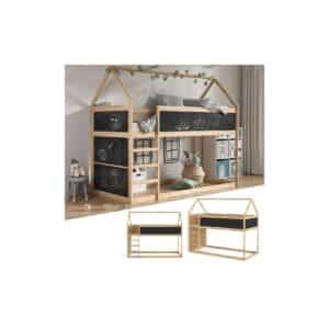 VitaliSpa Kinderstockbett Doppelstockbett Etagenbett Pinocchio Natur Anthrazit modern 205x175 cm Kinderzimmer Rausfallschutz Massivholz Lattenrost Kreidetafel Tafelbett