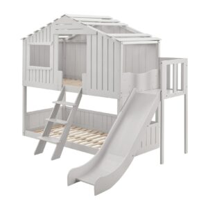 Juskys Kinderbett Baumhaus 90x200 cm Weiß mit Rutsche