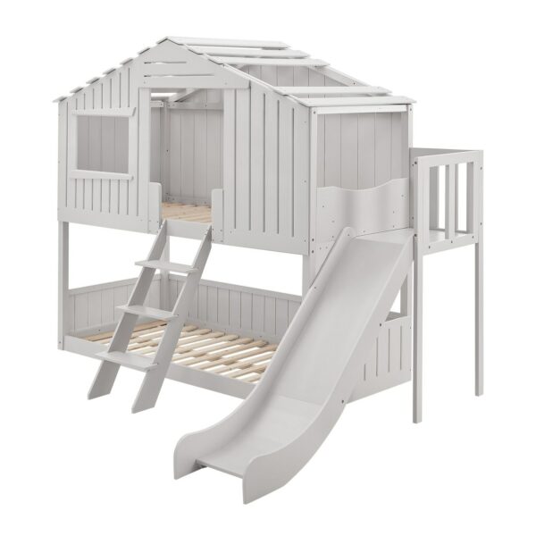 Juskys Kinderbett Baumhaus 90x200 cm Weiß mit Rutsche